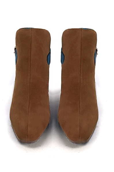 Caramel brown, tan beige and peacock blue women's ankle boots with buckles at the back. Square toe. Medium block heels. Top view - Florence KOOIJMAN